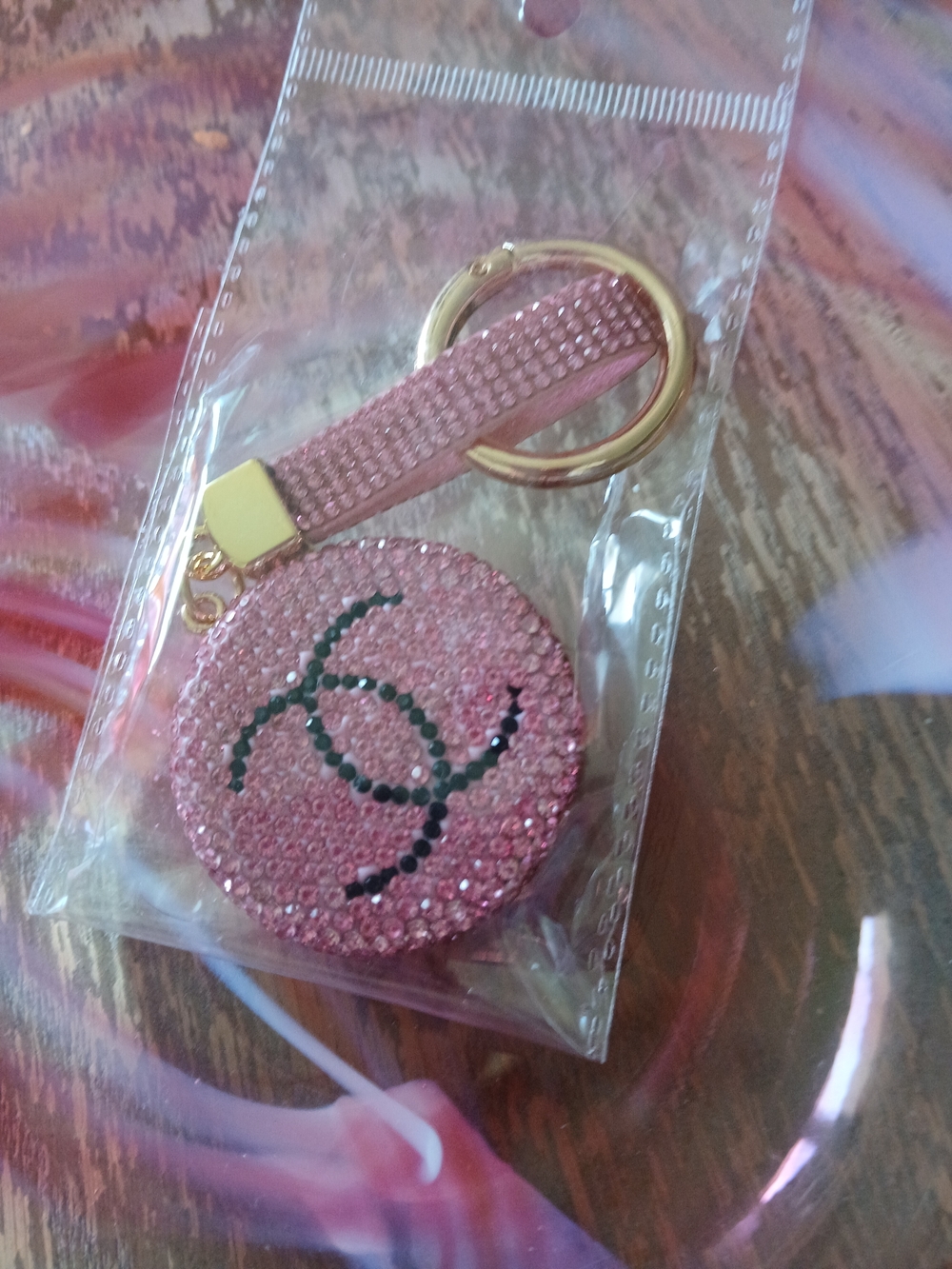 Fashion Jewelry Pink Crystal Round Key & Card Holder with Gold Ring